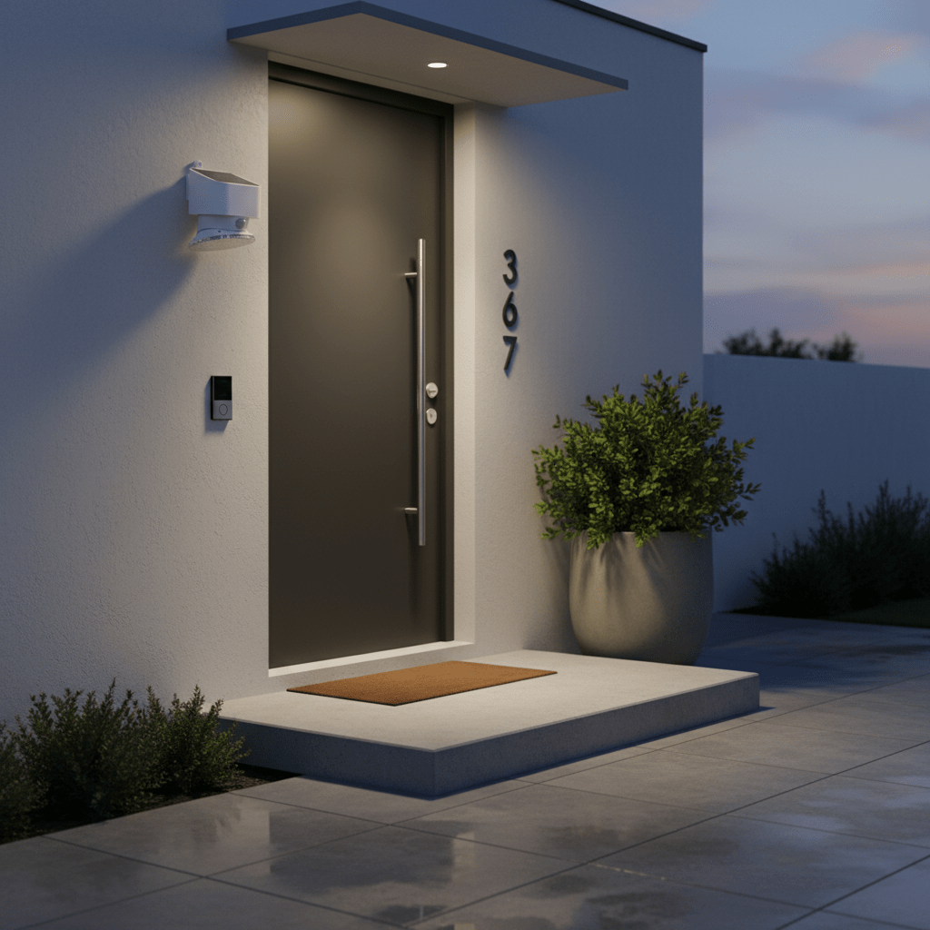 Solar LED wall light mounted beside a modern entrance, illuminating the area with cool white light.