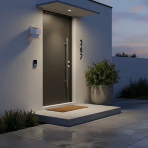 Solar LED wall light mounted beside a modern entrance, illuminating the area with cool white light.