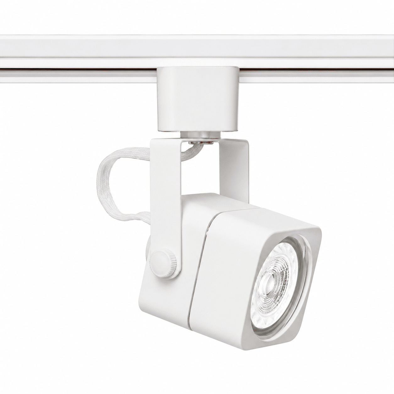 White square track light spotlight mounted on a 3-wire track system, showcasing a sleek modern design.