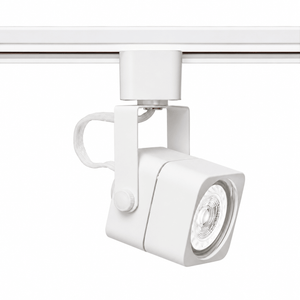 White square track light spotlight mounted on a 3-wire track system, showcasing a sleek modern design.