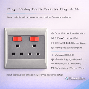 Close-up of a 16 Amp double dedicated plug socket with two outlets and red switches, set against a soft gradient background.