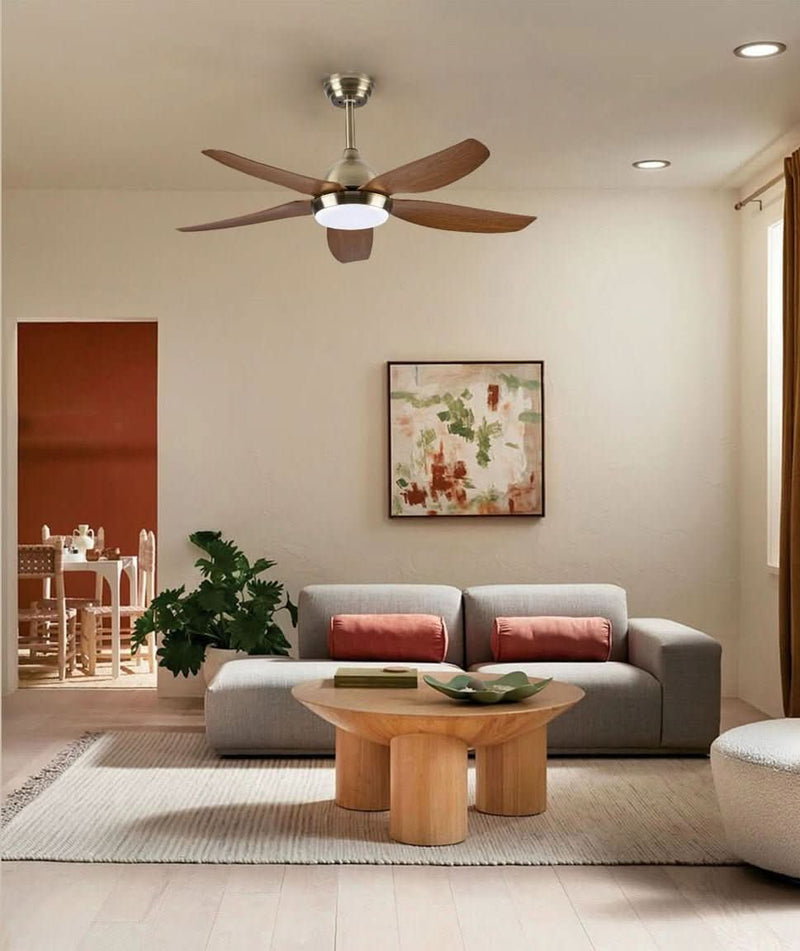 Ceiling fan with integrated LED lighting in home