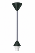Black conical pendant light with a silicone lamp cup and purple cable, showcasing a modern design.