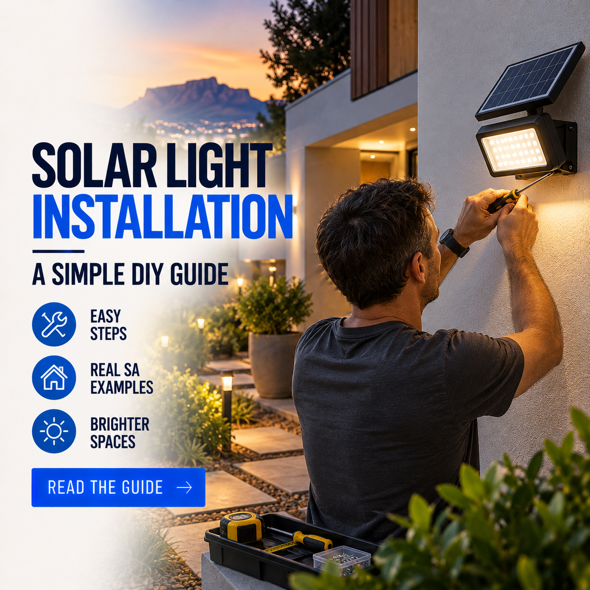 Solar light installation guide banner showing a wall-mounted solar light being fitted at a South African home