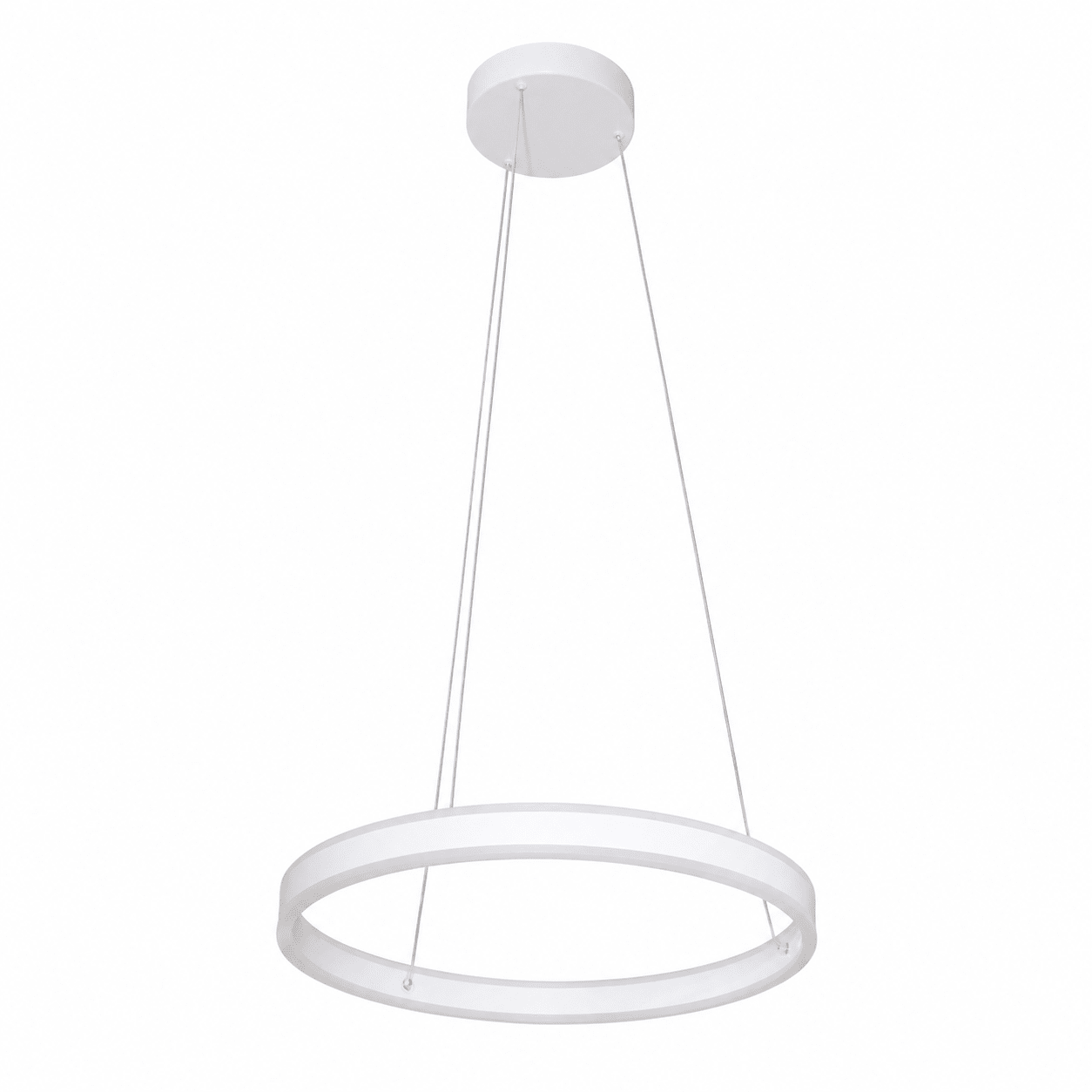 Sleek white LED ring pendant light hanging from the ceiling, showcasing modern design.