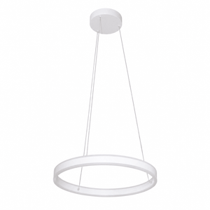 Sleek white LED ring pendant light hanging from the ceiling, showcasing modern design.