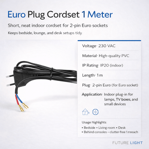 Close-up of a Euro Plug Cordset 1 Meter with a 2-pin Euro plug and color-coded wires, showcasing its neat design.
