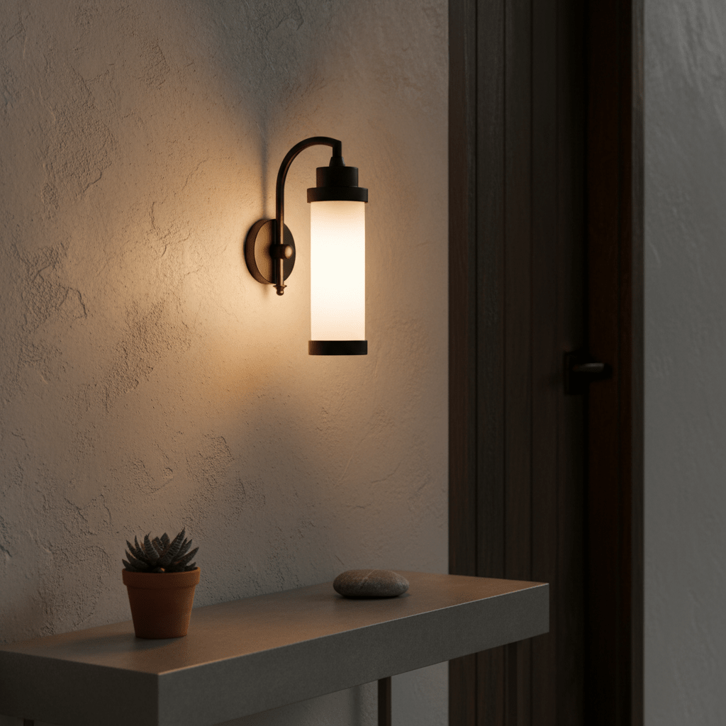 Kerala Wall Lamp in matt black finish mounted on a textured wall, illuminating a small potted plant on a table.