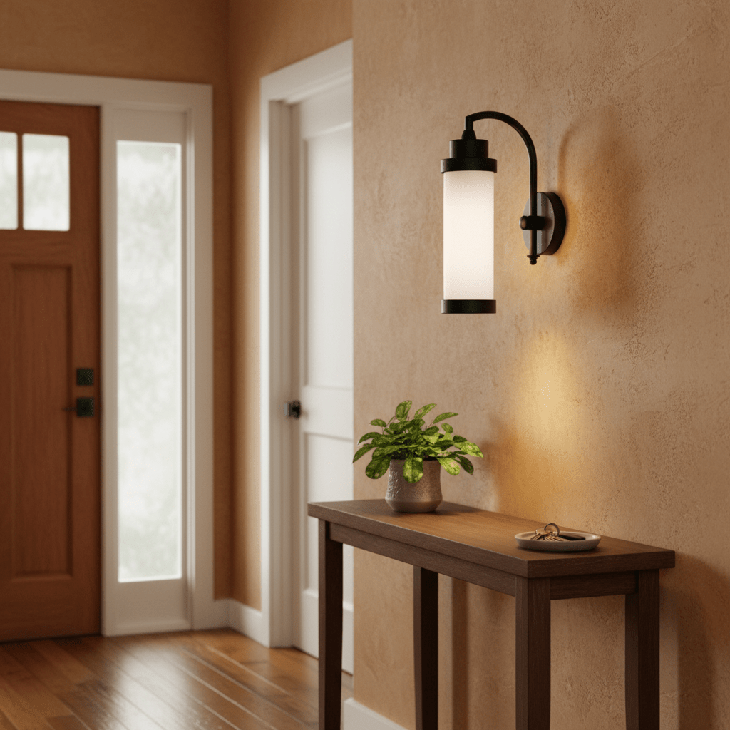 Kerala Wall Lamp in matt black mounted on a textured wall, illuminating a wooden console table with a plant.