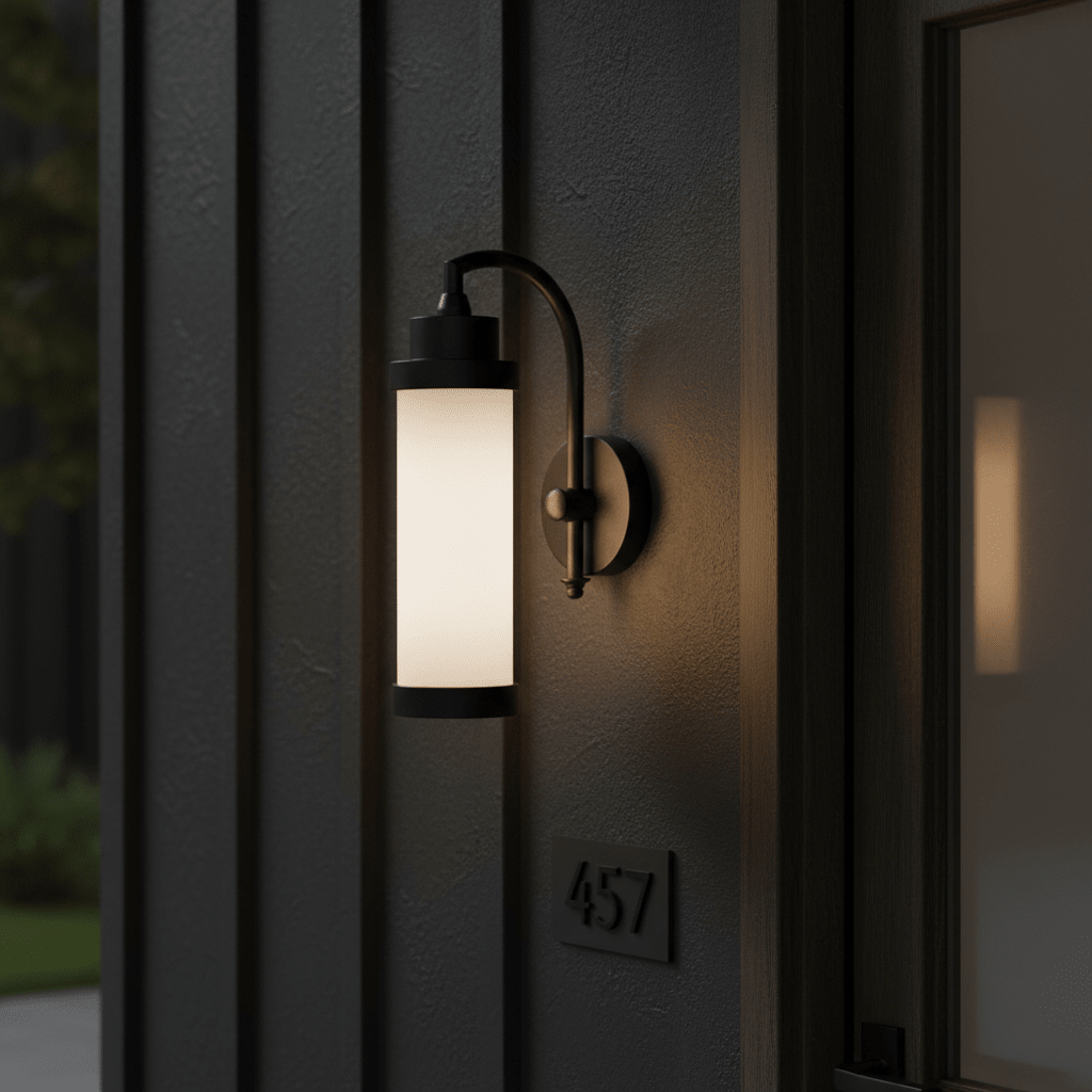 Kerala Wall Lamp in matt black finish mounted on a textured wall, illuminating the entrance area.