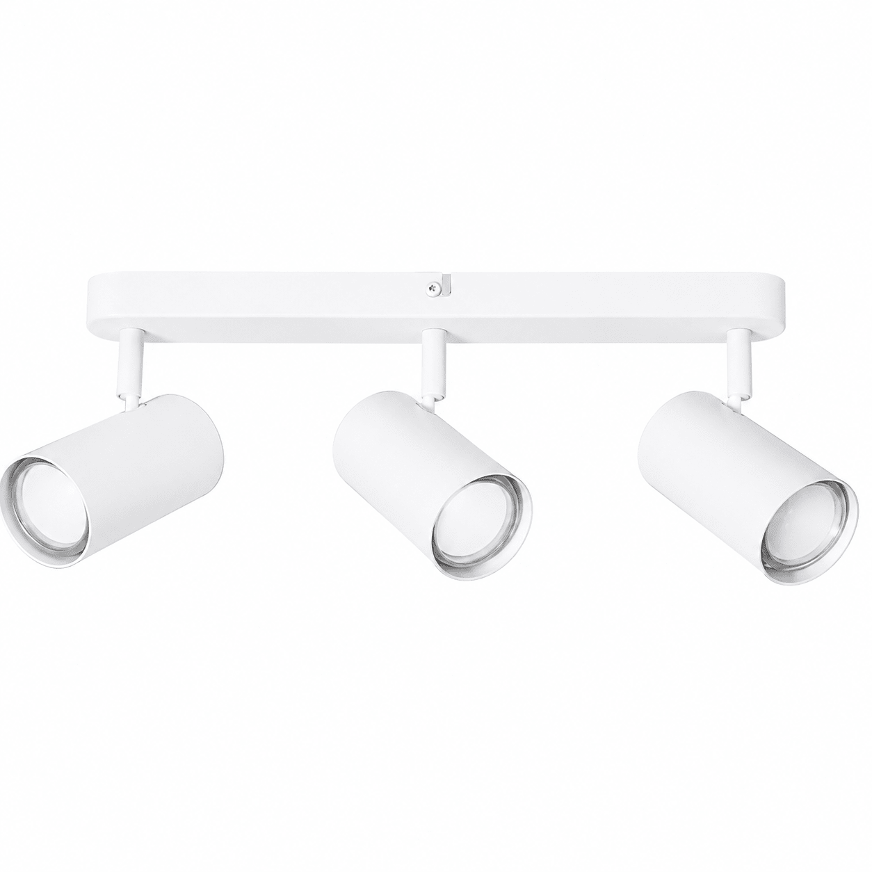 Three adjustable white ceiling spotlights mounted on a sleek bar, ideal for accent lighting.