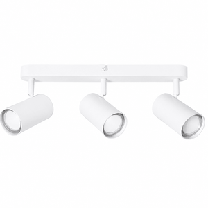 Three adjustable white ceiling spotlights mounted on a sleek bar, ideal for accent lighting.