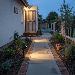 Two spike lights illuminate a garden pathway, surrounded by plants and a house entrance at dusk.