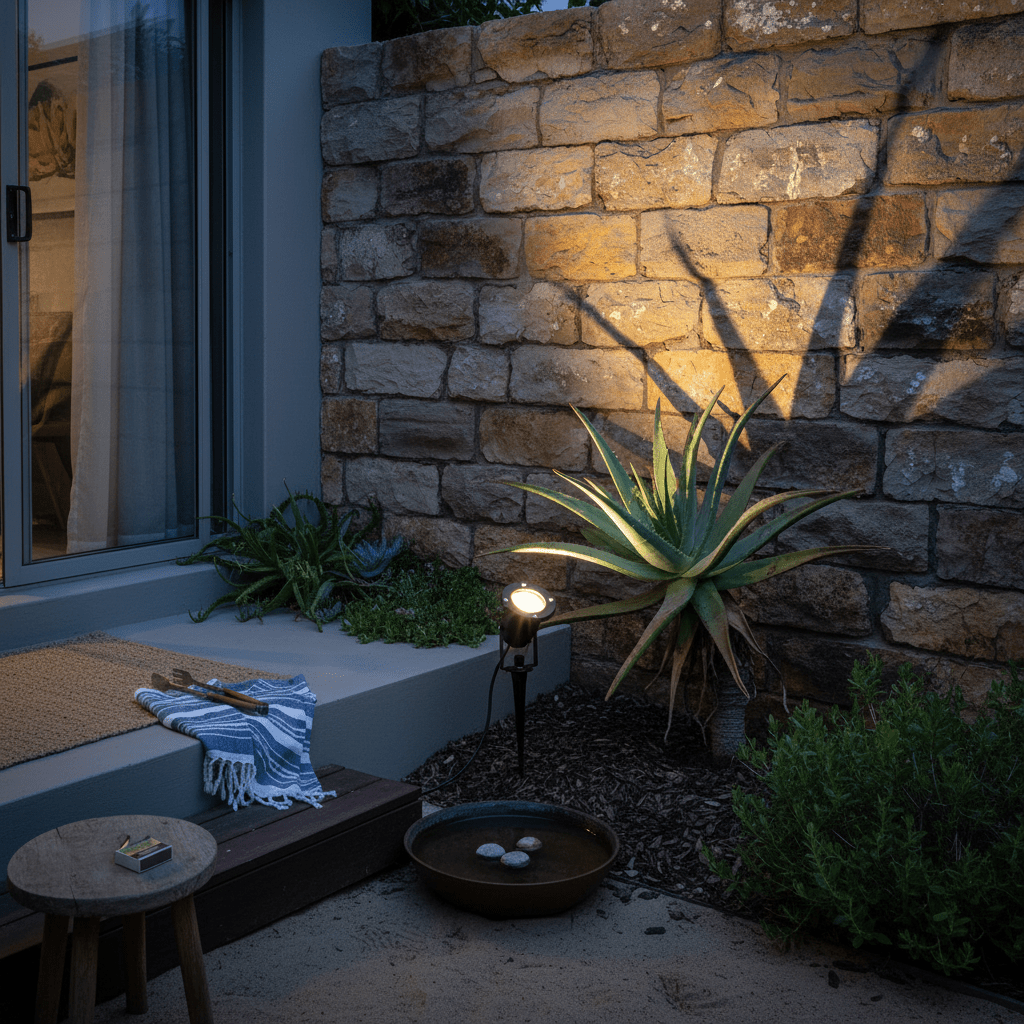 Spike light illuminating a stone wall and plants in a garden setting at dusk.