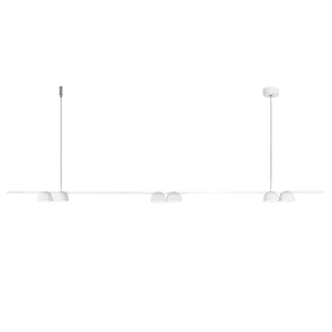White linear pendant light with six integrated LED shades suspended from a long bar