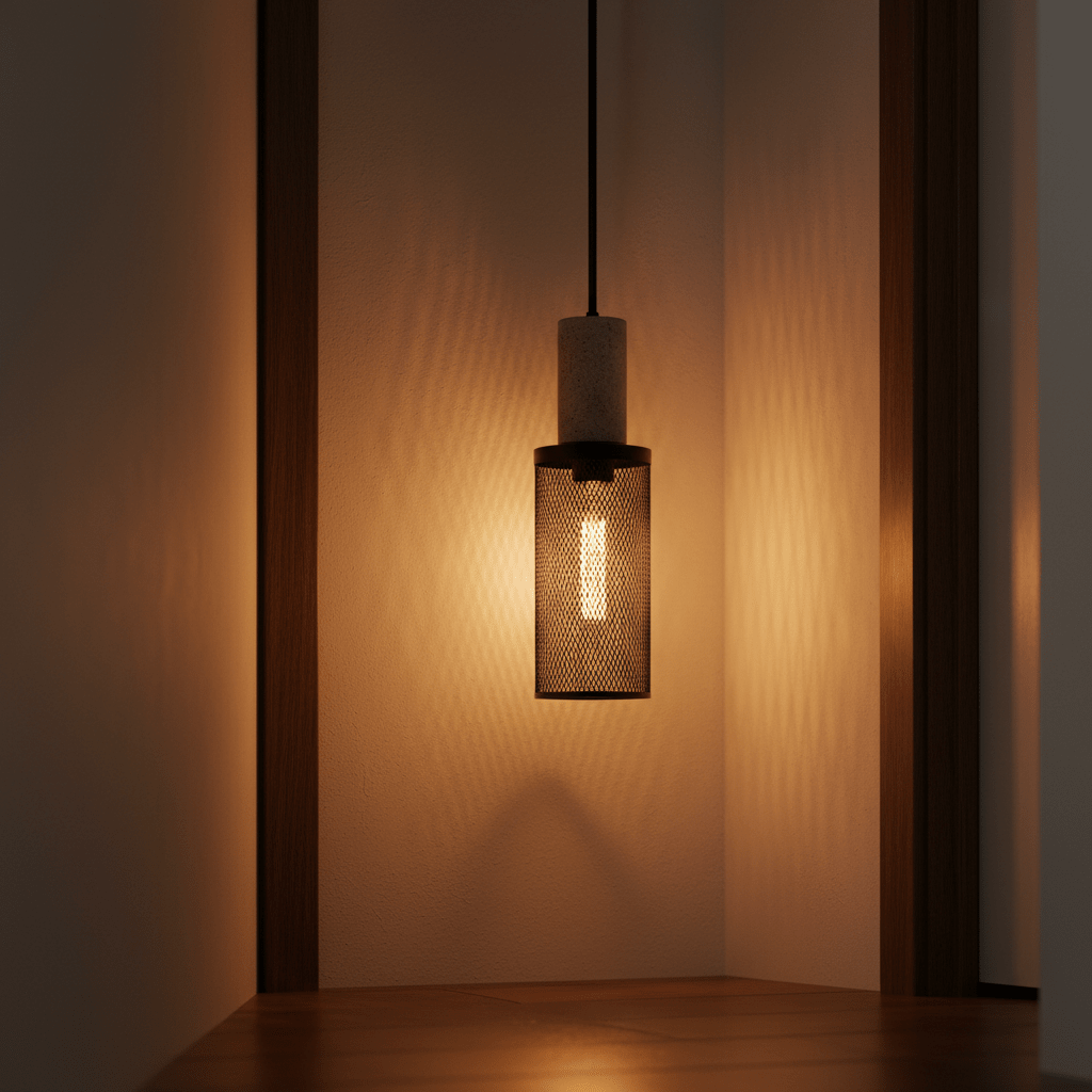 Close-up of the Midnight Long Mesh & Stone Pendant Light, showcasing its textured metal mesh and stone detail, softly