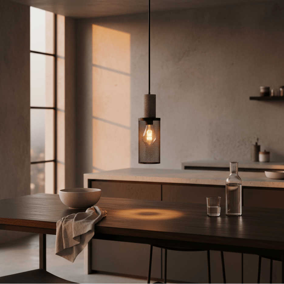 Midnight Long Mesh & Stone Pendant Light hanging over a wooden dining table, casting a warm glow.