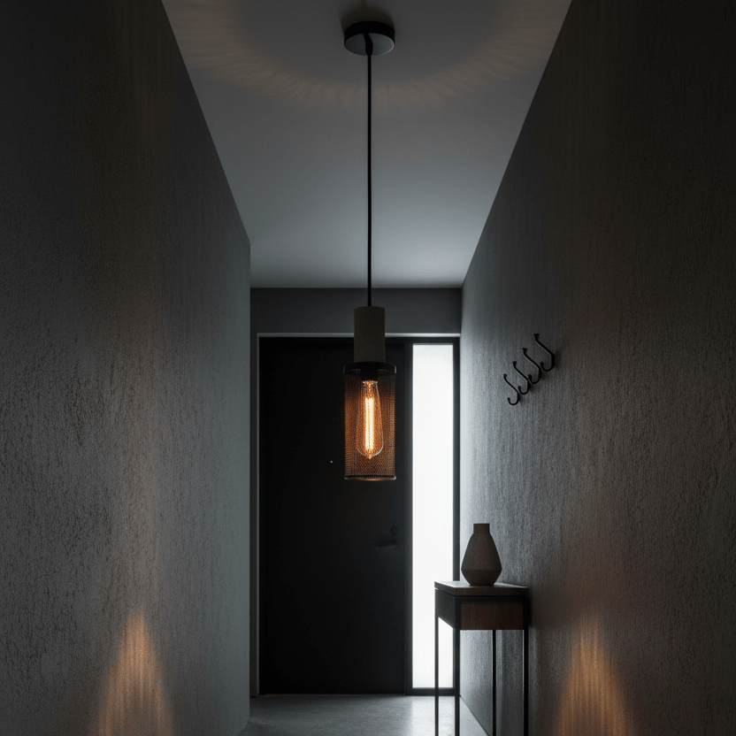 Midnight Long Mesh & Stone Pendant Light illuminating a modern hallway with textured walls and a console table.