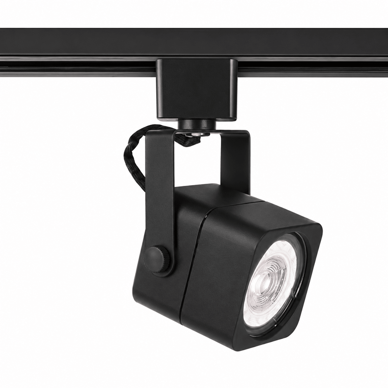 Black square track spotlight mounted on a track, showcasing a sleek design for focused lighting.
