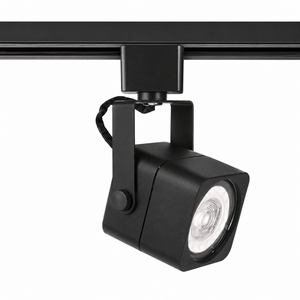 Black square track spotlight mounted on a track, showcasing a sleek design for focused lighting.