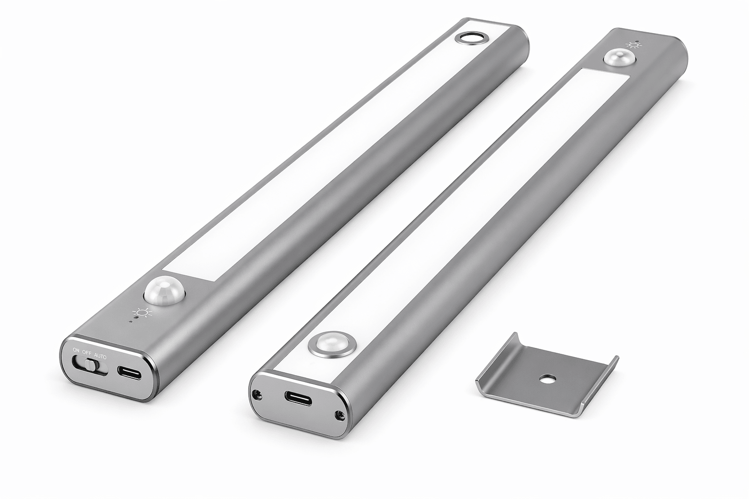 Two silver LED strip lights with brackets on a white background