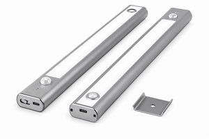 Two silver LED strip lights with brackets on a white background