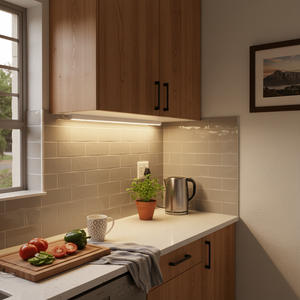 Modern kitchen with wooden cabinets, white countertops, and a window view.