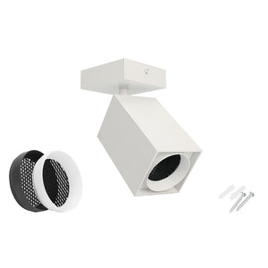 Square white GU10 surface mount spotlight with removable honeycomb filter and installation hardware.