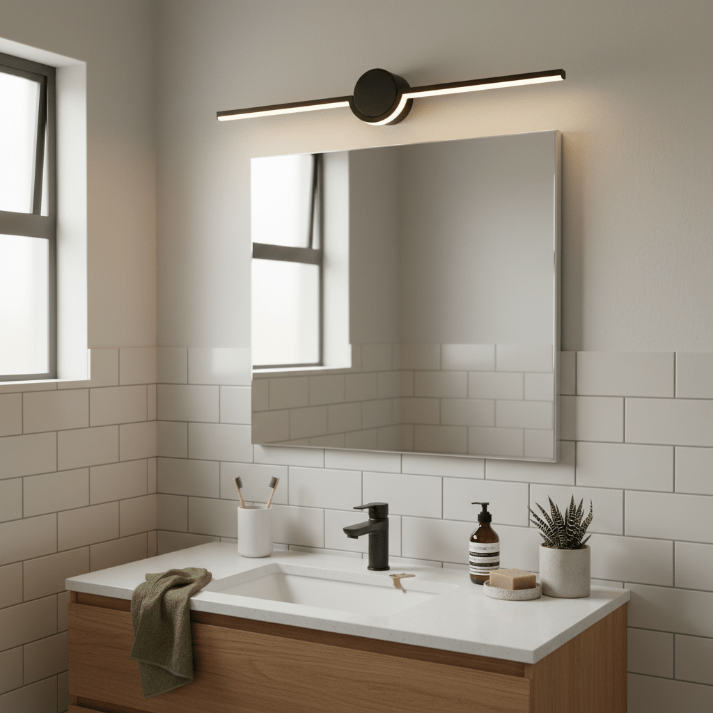 Black slim LED linear light mounted above a bathroom mirror, illuminating the space with a modern design.