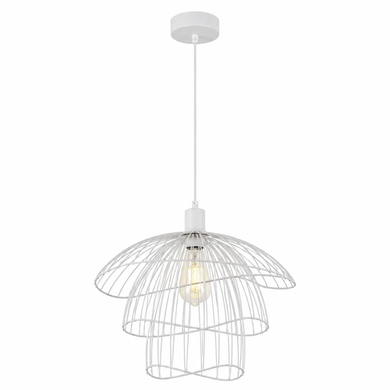 Stylish white pendant light with a modern design featuring a layered wire shade.