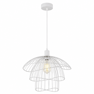 Stylish white pendant light with a modern design featuring a layered wire shade.