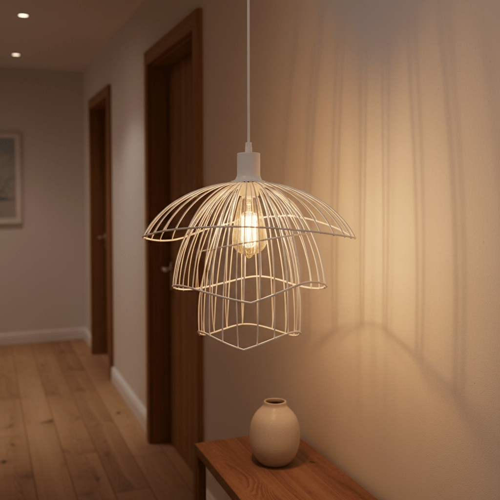 Stylish white pendant light hanging above a wooden table, casting soft shadows on the wall.
