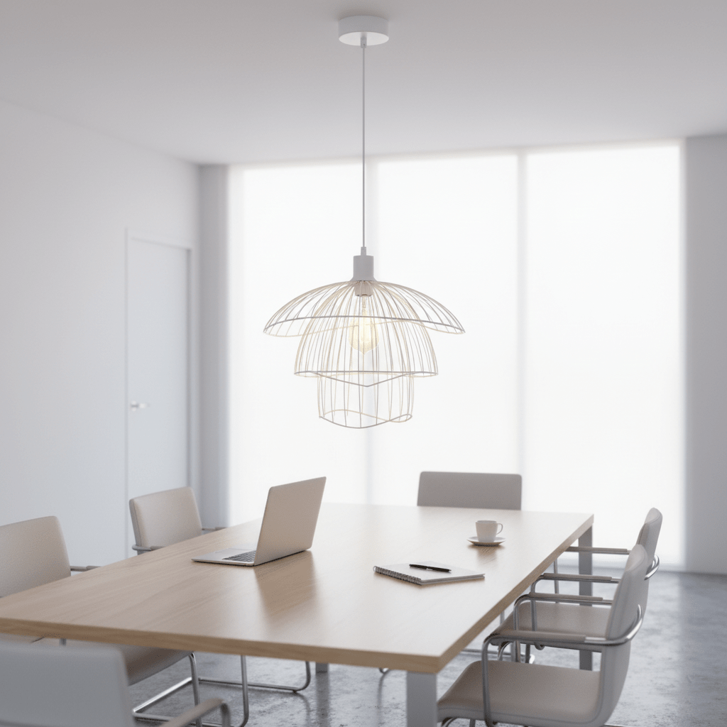 Sensu Trio White Pendant Light hanging above a modern wooden dining table in a bright office space.