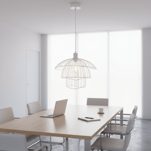 Sensu Trio White Pendant Light hanging above a modern wooden dining table in a bright office space.