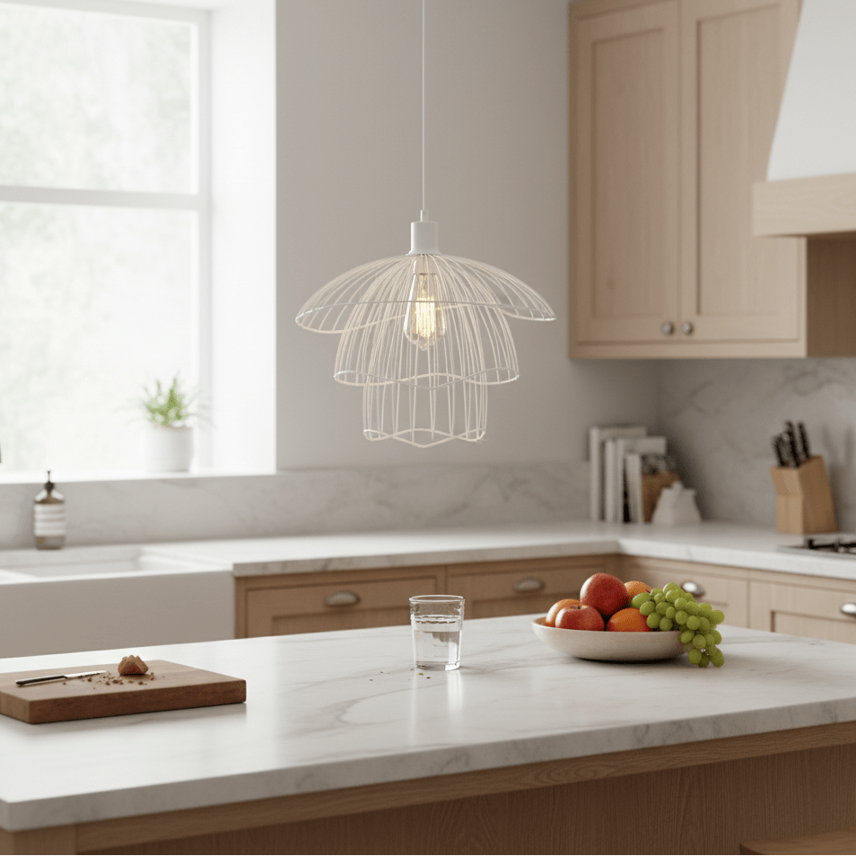 Stylish Sensu Trio White Pendant Light hanging above a kitchen island with fruits and a glass of water.
