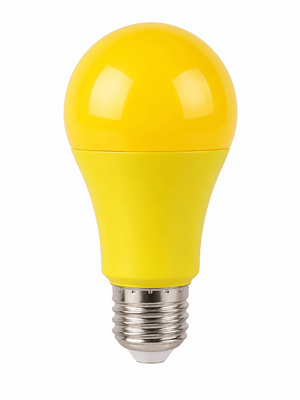 Yellow A60 LED bulb with E27 cap, designed for decorative indoor lighting.
