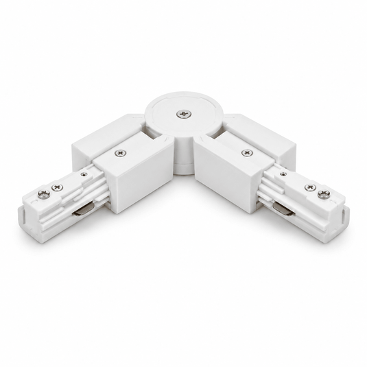 3-wire L-connector for track lighting in white, featuring secure attachment points and a compact design.