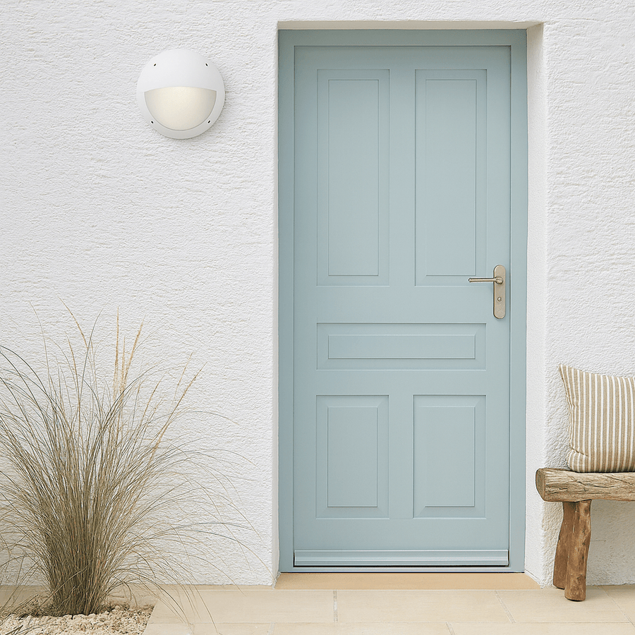 Outdoor wall lights for Cape Town commercial spaces, realistic restaurant exterior entrance with warm 3000K LED sconces, inviting hospitality ambience and practical wayfinding, realistic 800x800 composition with terracotta and brass accents