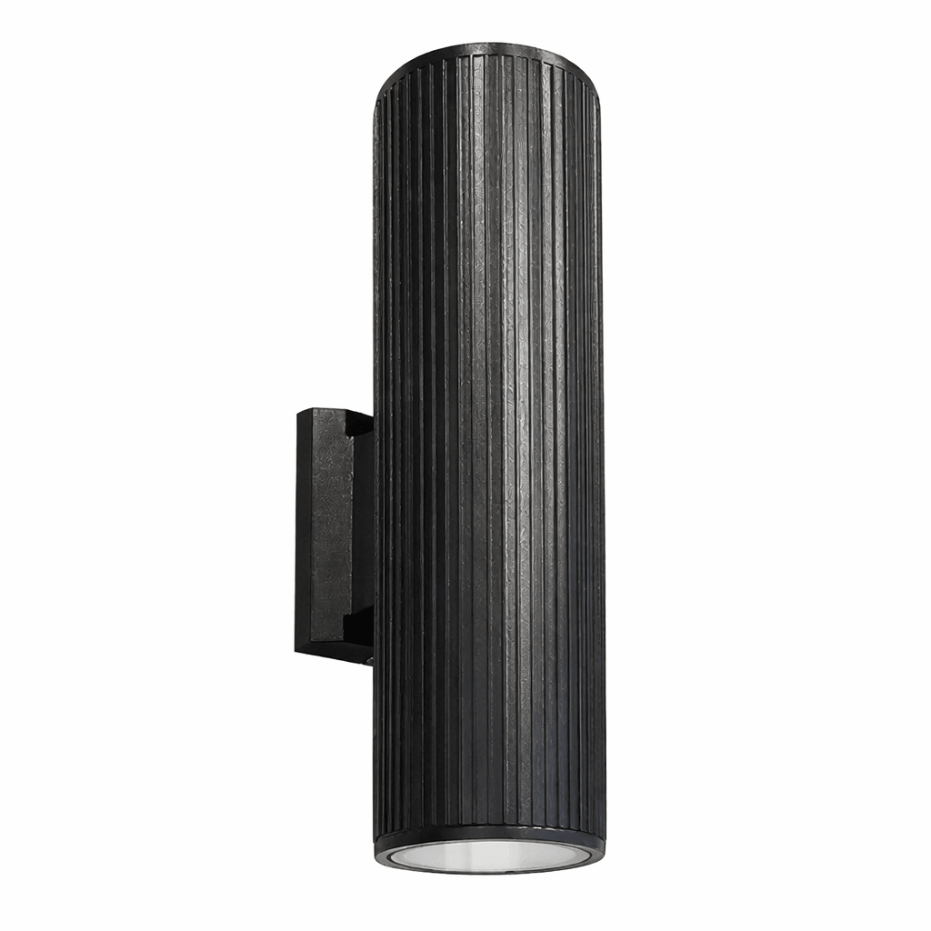 Black cylindrical wall light fixture on a white background