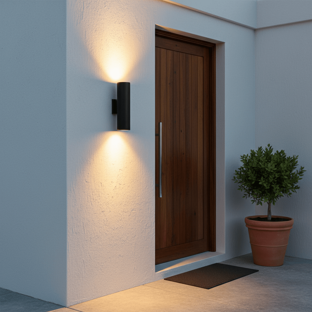 Garage lighting brightness guide for South African homes, LED ceiling lights evenly illuminating single garage with shelves and workbench, 800x800 realistic composition