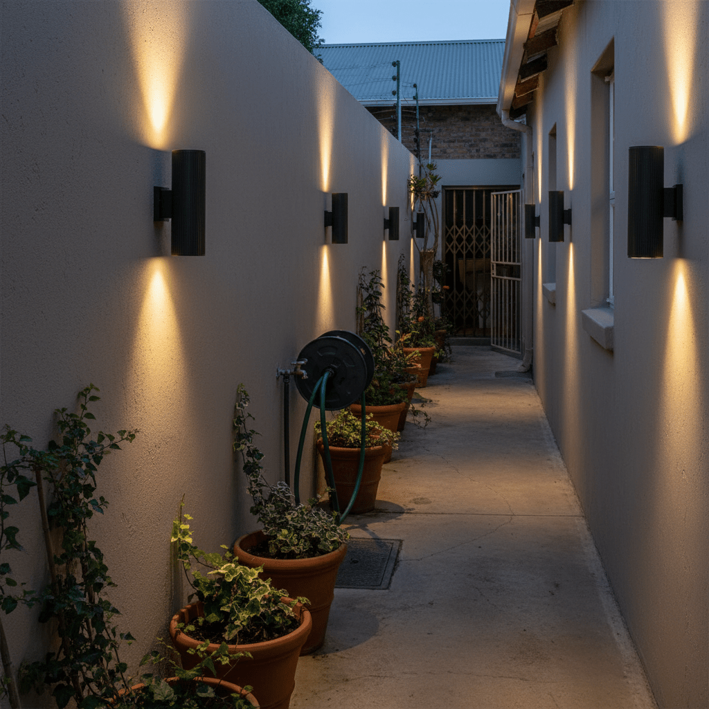 Outdoor pathway with wall lights and potted plants at dusk.