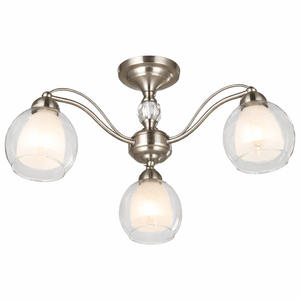 Modern satin chrome chandelier with three lamps and clear-frosted glass shades.