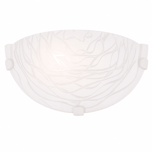 Elegant white glass indoor wall light with a patterned shade and white clips, designed for ambient lighting.