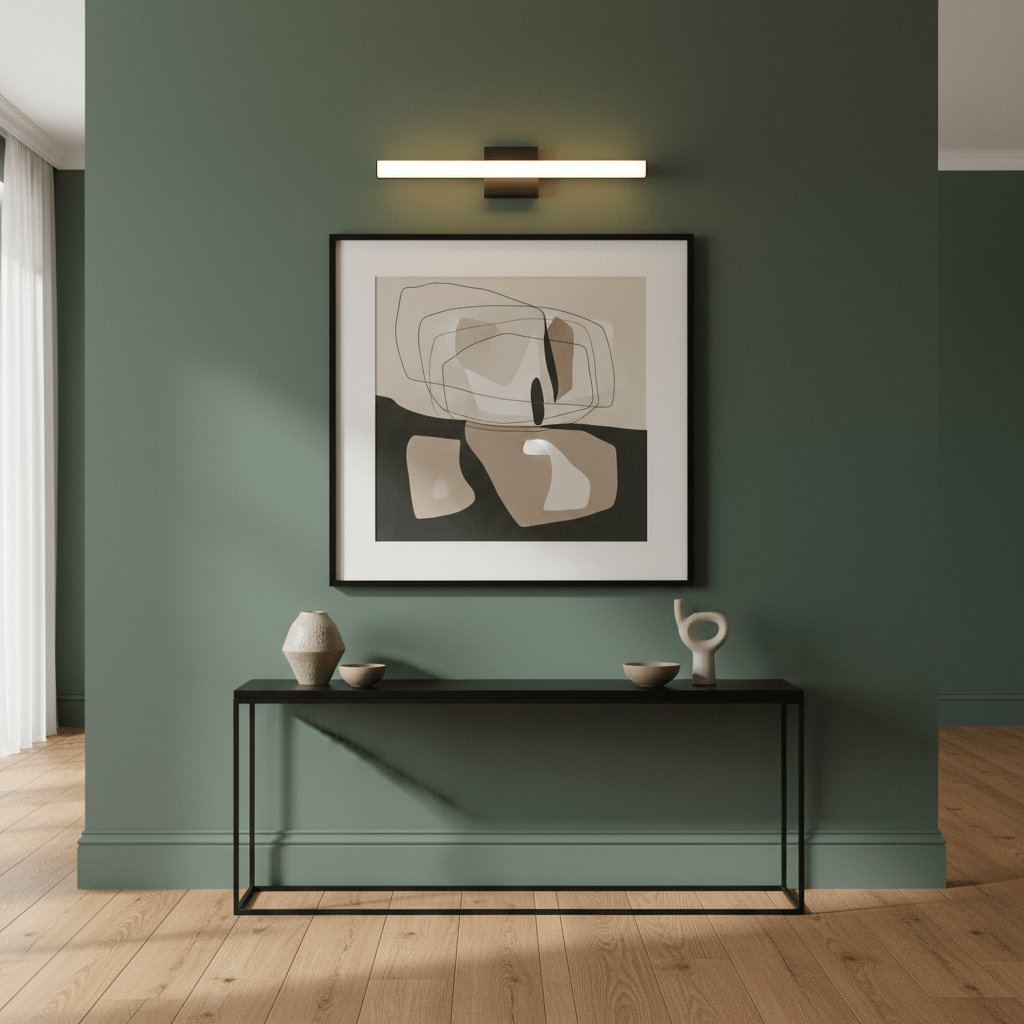 Sandy black LED light illuminating abstract art above a console table in a modern room.