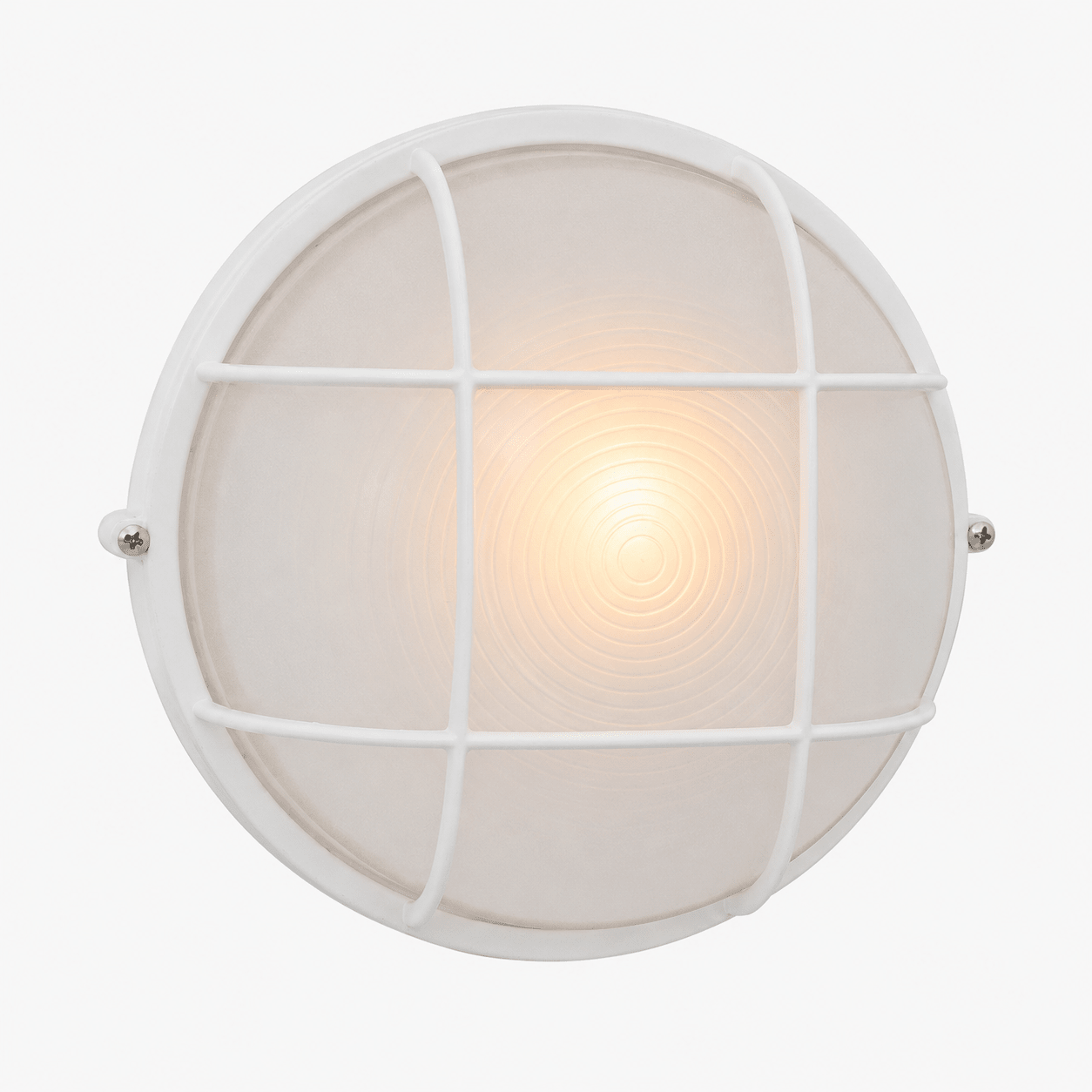 Large round white outdoor wall light with a protective grid, designed for durability and safety.