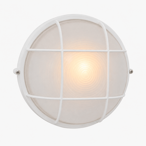 Large round white outdoor wall light with a protective grid, designed for durability and safety.