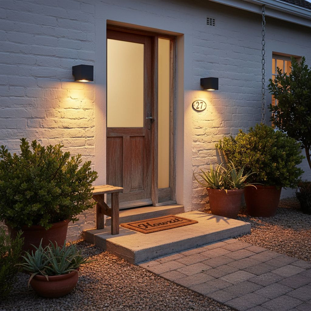 Pair of graphite Kube exterior wall lights mounted beside a wooden front door, casting warm downlight on white brickwork.