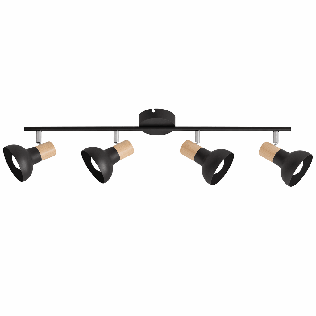 Black ceiling light fixture with four lampshades on a white background