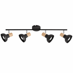 Black ceiling light fixture with four lampshades on a white background