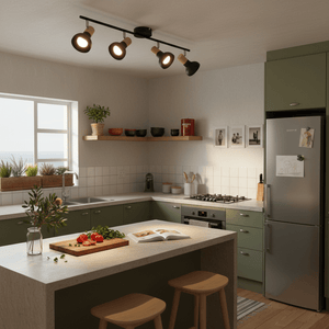 A modern kitchen featuring a 4-light black metal spotlight with wood finish, illuminating a countertop with fresh